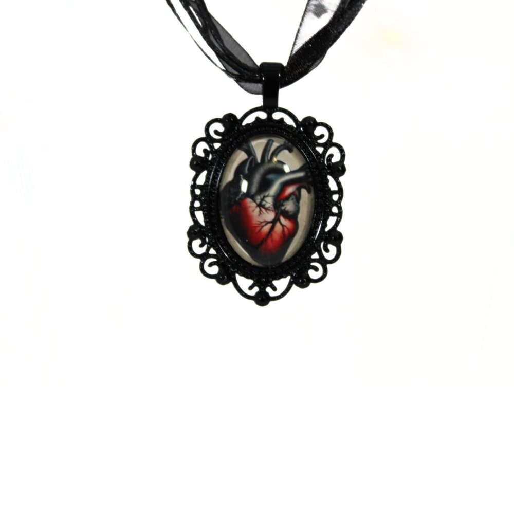 Handmade Gothic Heart Cameo Necklace Ribbon Necklace Victorian Edgy